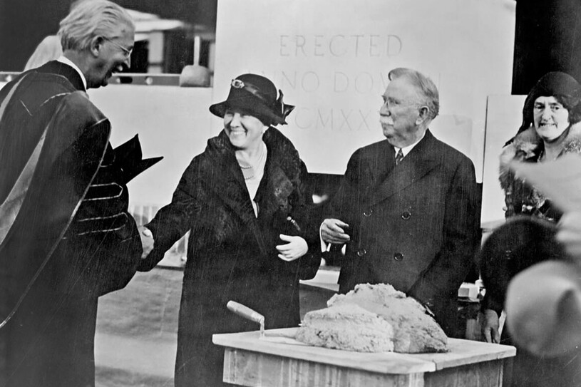 Mrs. and Mr. Doheny at the laying of the cornerstone ceremony for the Edward L. Doheny Jr. Memorial Library